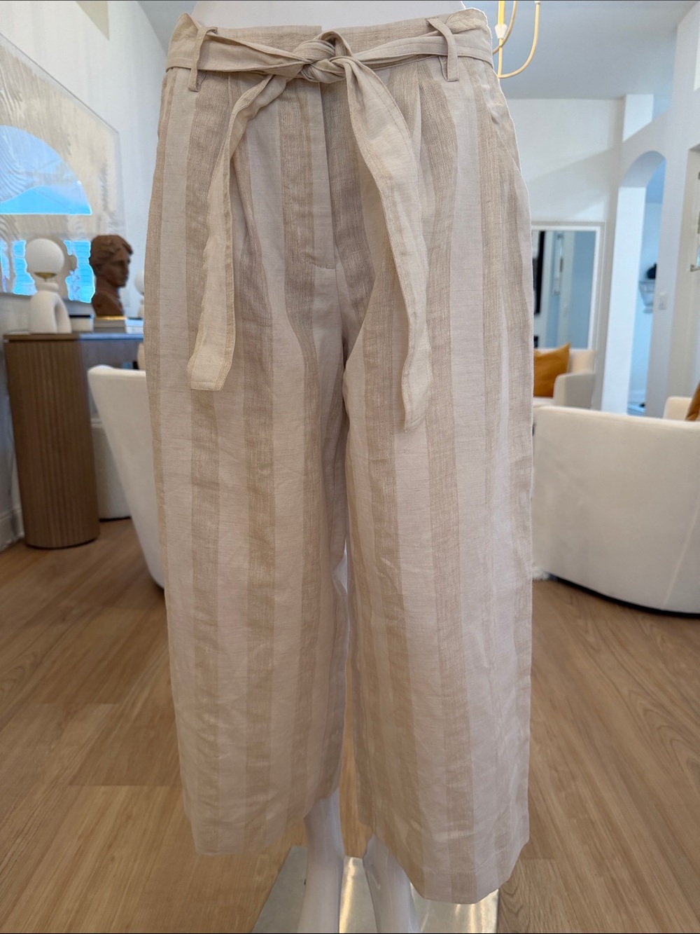 Wide-Leg Tie-Waist Linen Blend Pants — Cream Stripe
